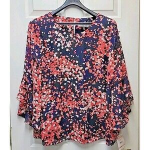 Kasper Plus Size Women's Ruffled Cuff 3/4-Sleeve Top Navy Black Coral 2X NEW